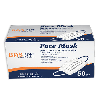 BasMed 3-Layer Disposable Face Mask Adult | Non-Woven Fabrics Mask | 50 Pieces